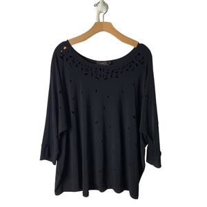 Sympli Black Matte Jersey Geometric Laser Cut 3/4 Sleeve Dolman Blouse Size 12
